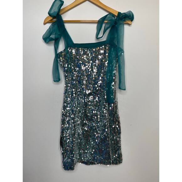 Lulus Dazzling Spectacle Teal and Silver Sequin Mini Dress Tie-Strap size S New - Picture 3 of 11